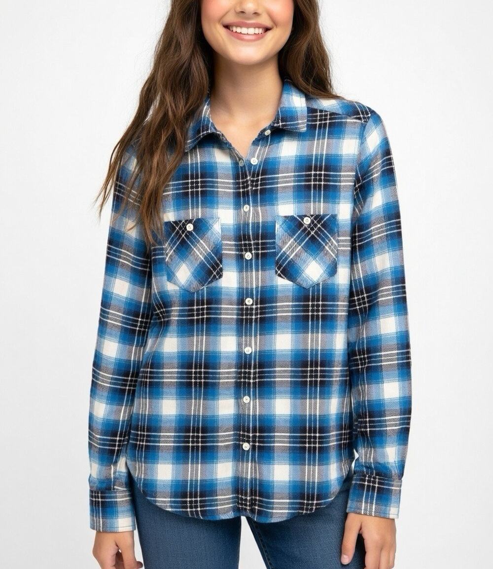 Aeropostale 87 Plaid Shirt Womens S Blue Black Button Down Cotton Top Western
